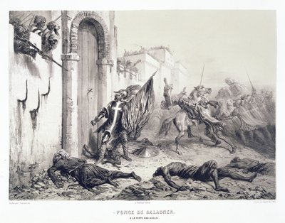 Ponce de Balagner am Bab-Azoun-Tor, aus einem Band zur Erinnerung an die französische Expeditionsstreitmacht, die Algier 1830 eroberte, graviert von Eugene Charles Francois Guerard (1821-66) von Denis Auguste Marie Raffet